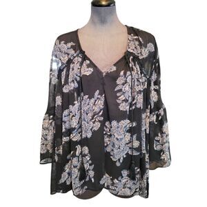 NWT FOREVER 21 CONTEMPORY SHEER PAISLEY BOHO FLOWY WOVEN BLOUSE SZ. L